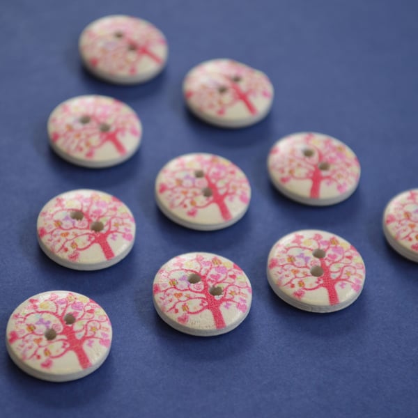 15mm Wooden Tree Buttons Pink White 10pk Heart Leaves (ST4)