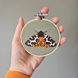 Garden Tiger Moth embroidered mini hoop, handmade hanging decoration