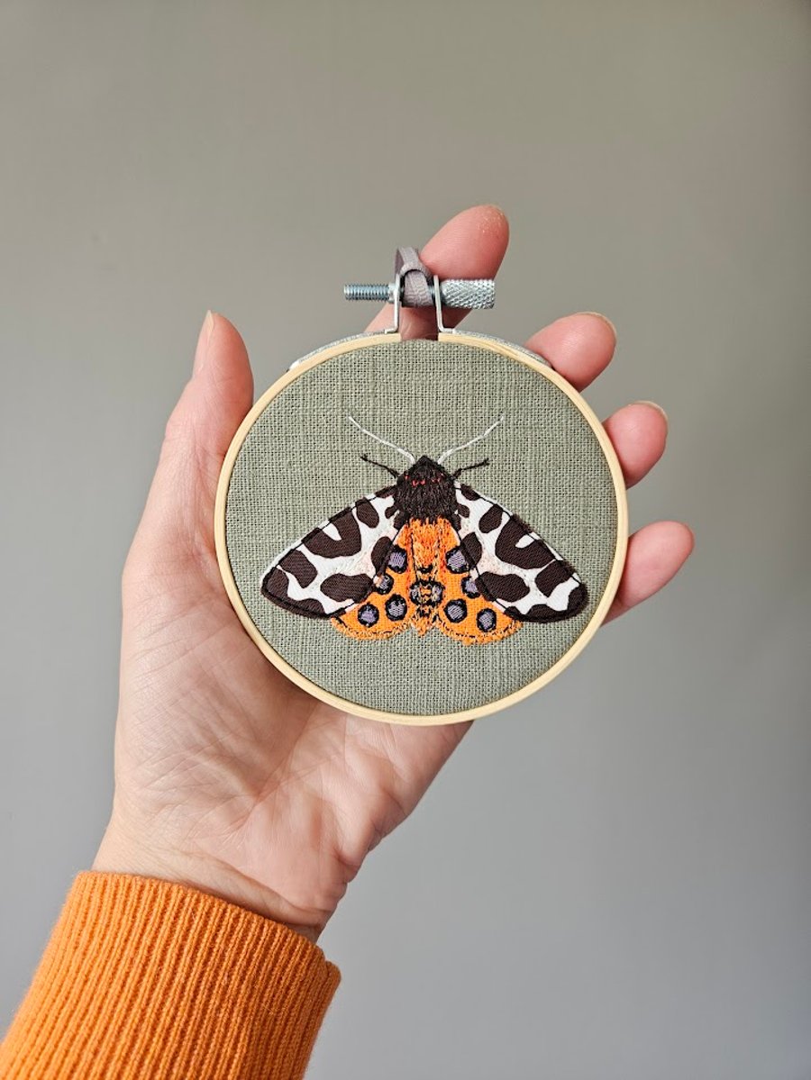 Garden Tiger Moth embroidered mini hoop, handmade hanging decoration