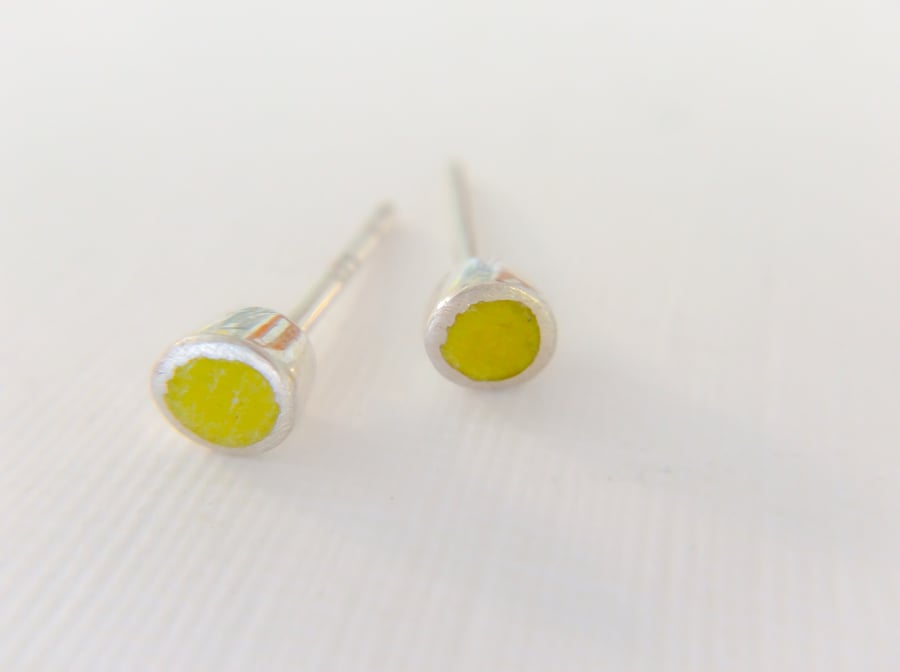Tiny Colour Dot Stud Earrings Sulphur Yellow, Minimalist, Everyday Jewellery
