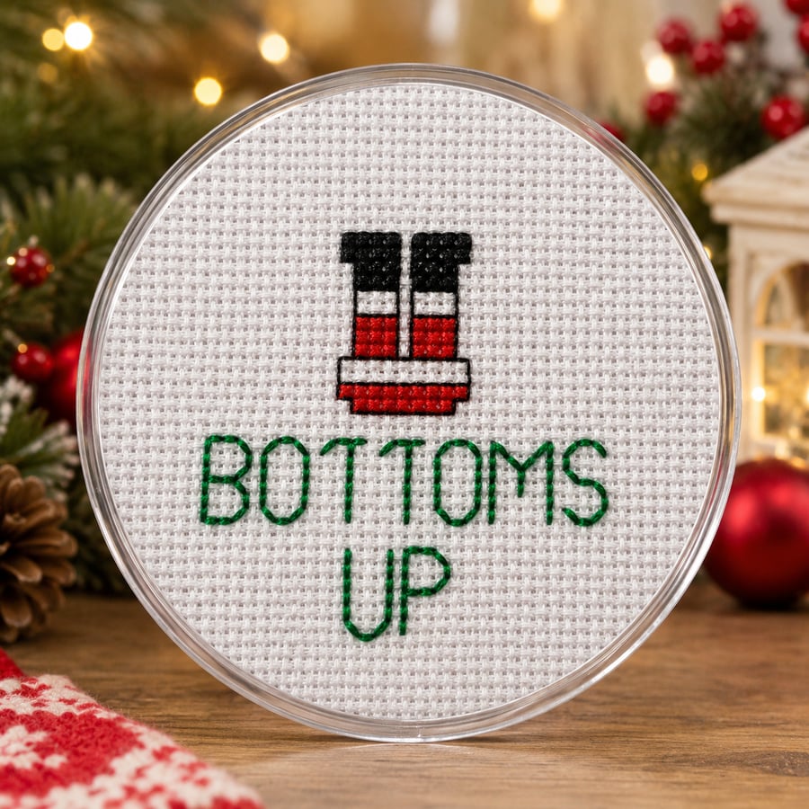 Handmade Cross Stitch Christmas Coaster – Funny Festive Gift