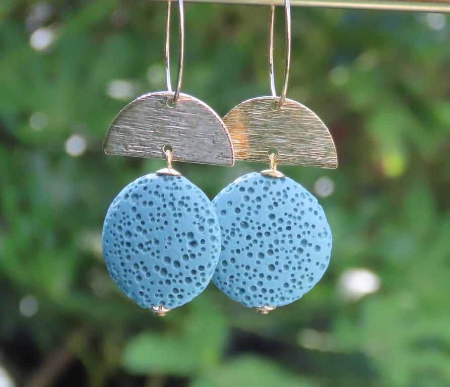 Statement Earrings Art Deco Style Blue Lava discs Gold Detail on Gold Hoops 
