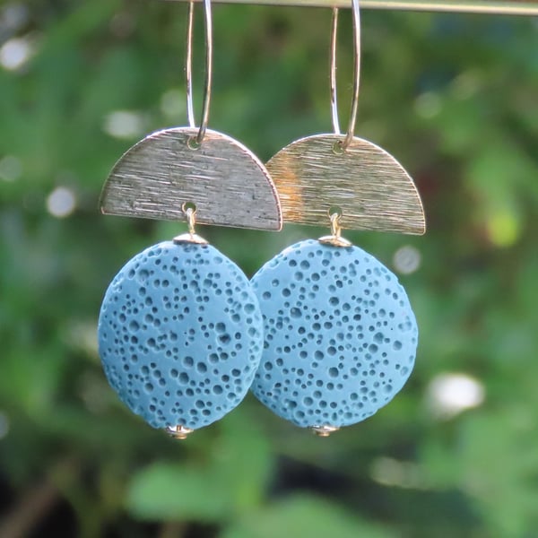 Statement Earrings Art Deco Style Blue Lava discs Gold Detail on Gold Hoops 