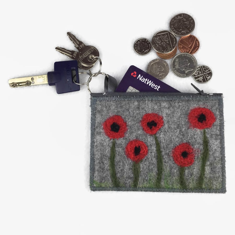 Poppy design grey hand felted coin purse