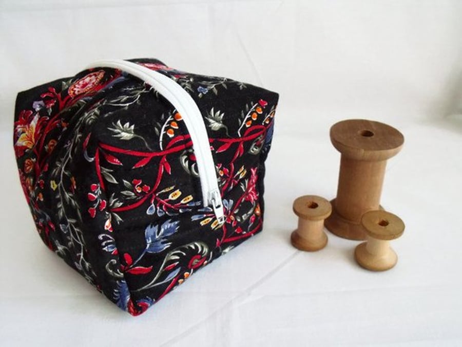 black floral zipped boxy make up pouch, pencil case or crochet hook case