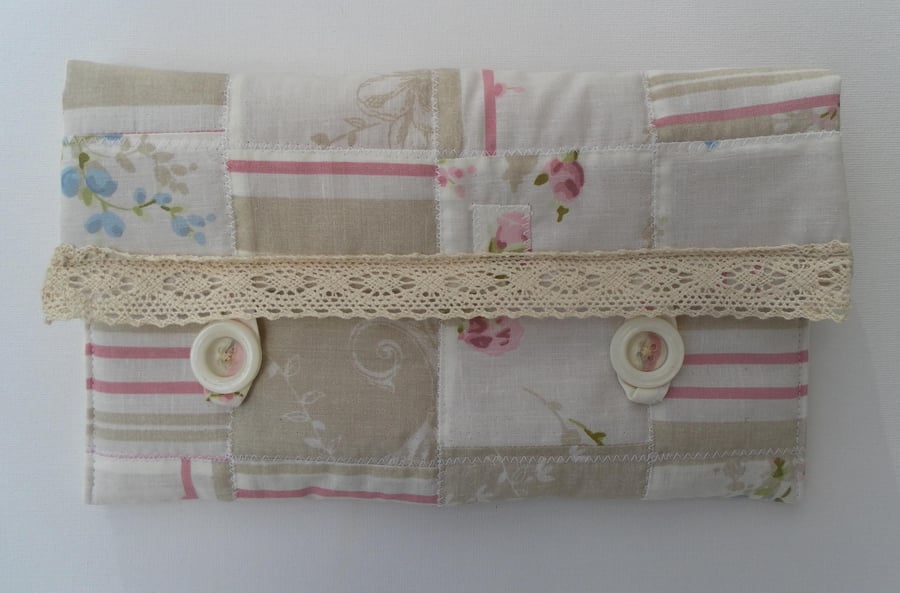Shabby Chic, Patchwork, Quilted Make Up Bag with Lace Trim