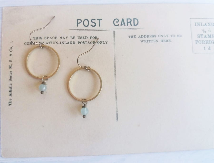 Golden Hoops with Aventurines - drop earrings - moss green gem stones and brass 