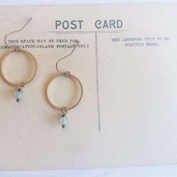 Golden Hoops with Aventurines - drop earrings - moss green gem stones and brass 
