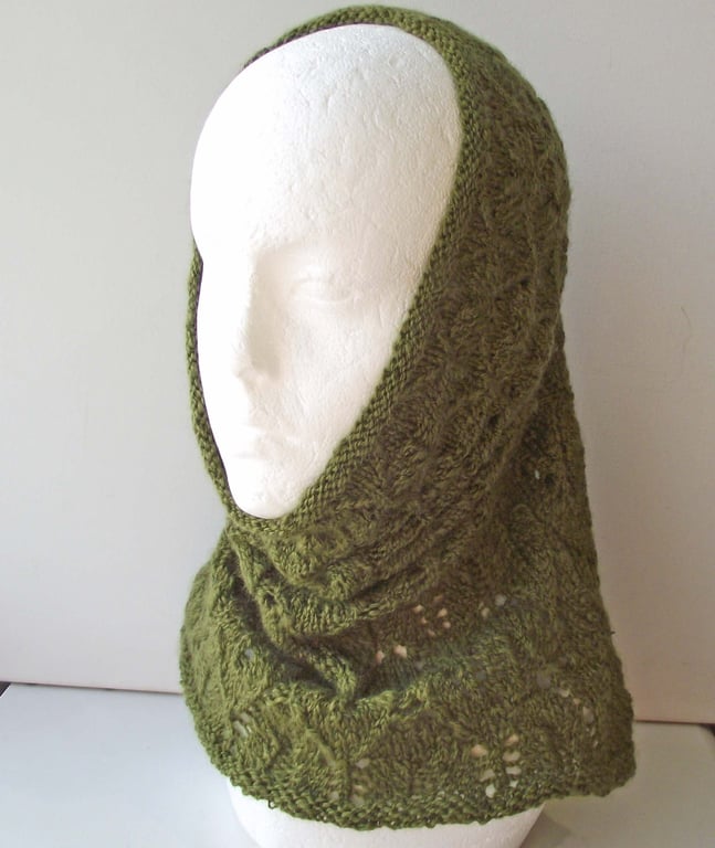 Lacy Cowl, Snood, Scarf or Neck Warmer, Handspun Knitted, Olive Green  Merino