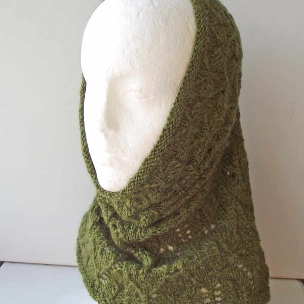 Lacy Cowl, Snood, Scarf or Neck Warmer, Handspun Knitted, Olive Green  Merino