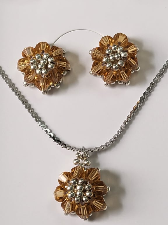 Amber Honey Crystal Flower Jewellery Set - Handmade Necklace and Stud Earrings
