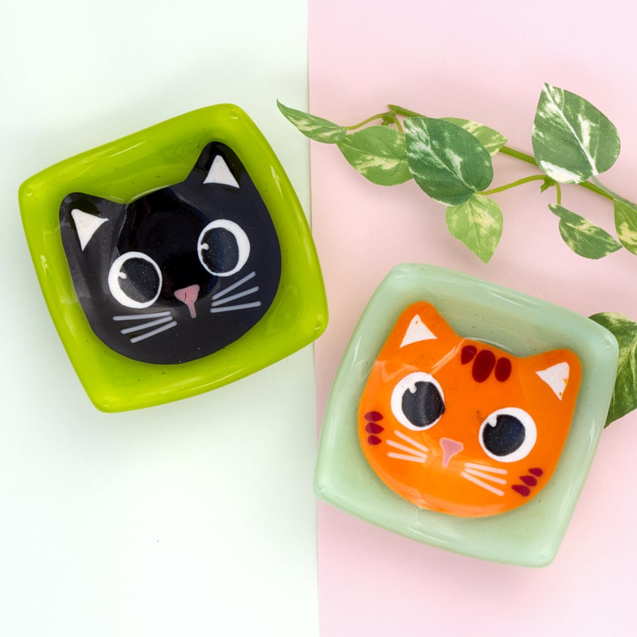 Cute Black or Ginger Cat Fused Glass Ring Trinket Dish Cat Lover Gift