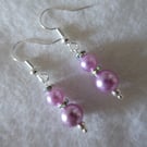 Earrings beautiful Lilac Pearl beads with sparkle detail. 4cm Dangle silver hook