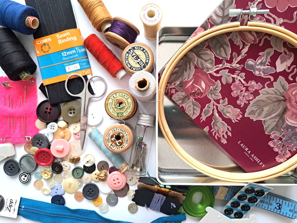 Vintage sewing haberdashery kit in an old Laura Ashley tin