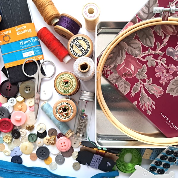 Vintage sewing haberdashery kit in an old Laura Ashley tin