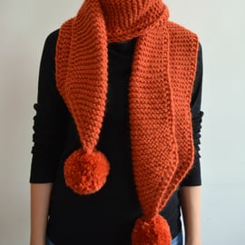 The Pom. Large Oversized Super Chunky Alpaca Wool Scarf with Pompoms. Orange