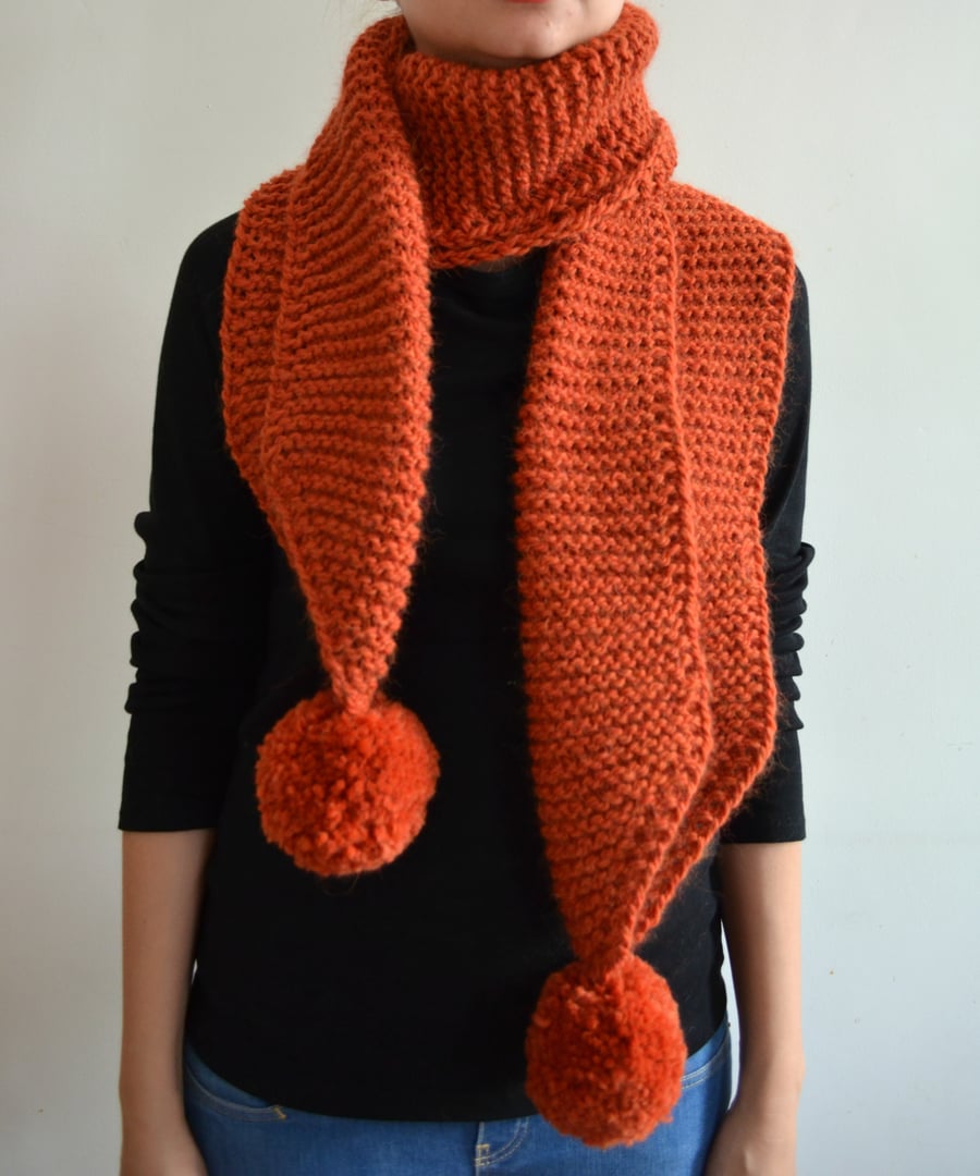 The Pom. Large Oversized Super Chunky Alpaca Wool Scarf with Pompoms. Orange