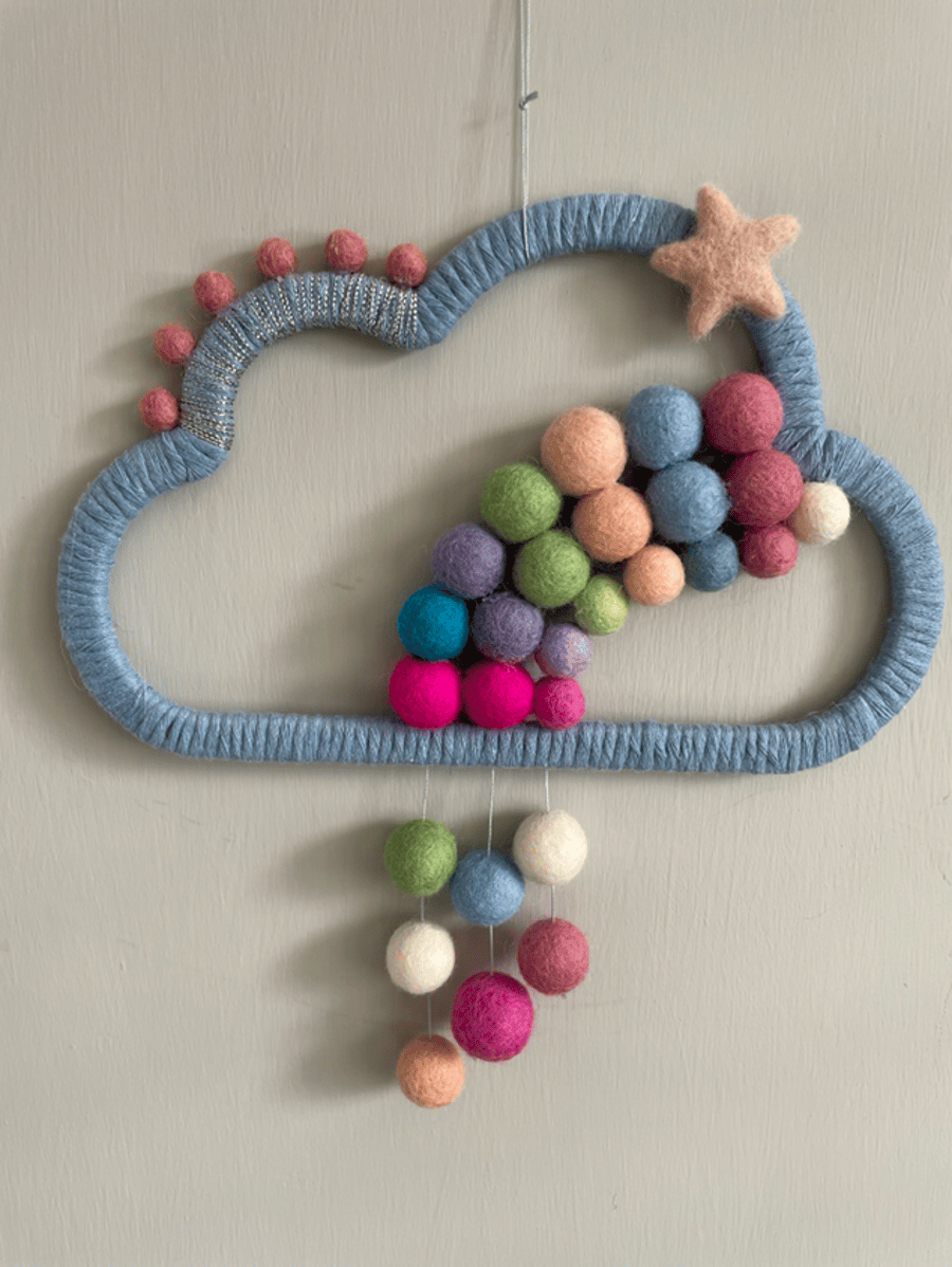 Felted colorful rainbow macrame textured nursery or playroom wall hanging 