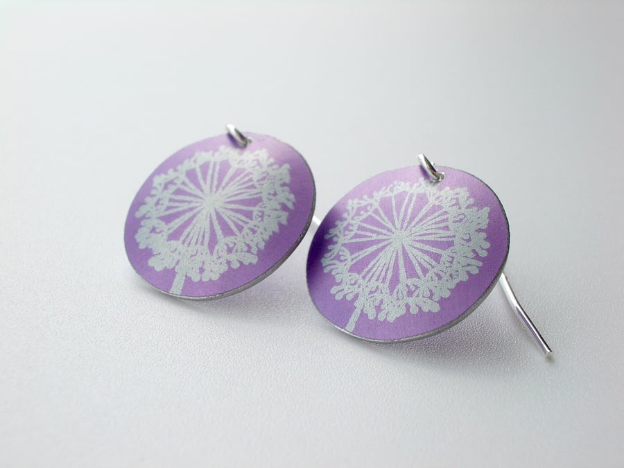 Dandelion clock earrings in purple and silver