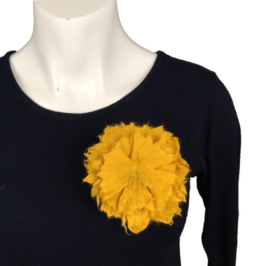 Hand felted yellow flower brooch or corsage, lapel or scarf pin 
