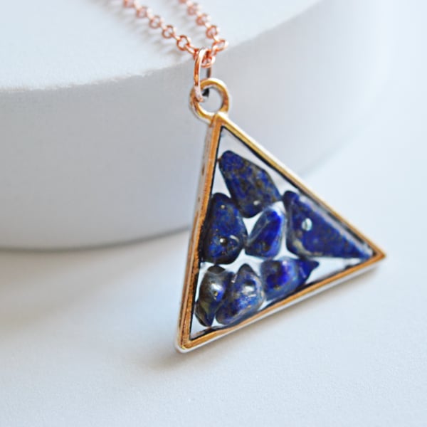 Lapis Lazuli Rose Gold plated Triangle Worry Stone Necklace - Free Postage