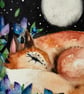 Mounted Original Whimsical Resting Red Fox in Moonlight Midnight Meadow Art - Image 3