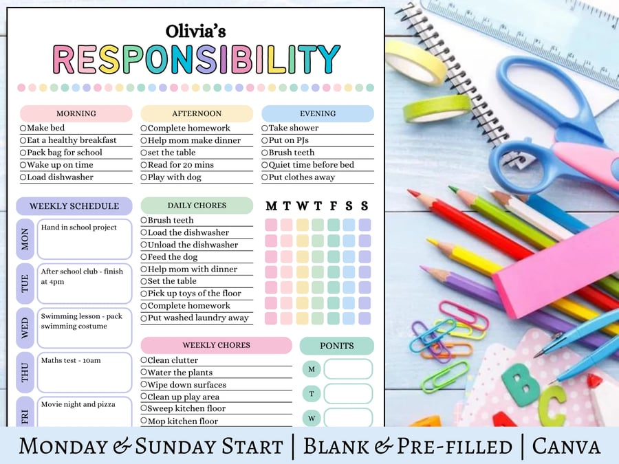 Kids Responsibility Chart, Kids Daily Routine Checklist, Digital Download