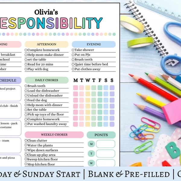 Kids Responsibility Chart, Kids Daily Routine Checklist, Digital Download