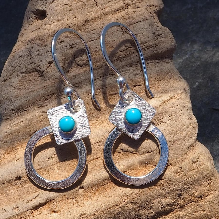 Turquoise Earrings, Silver Square Hoop Earrings