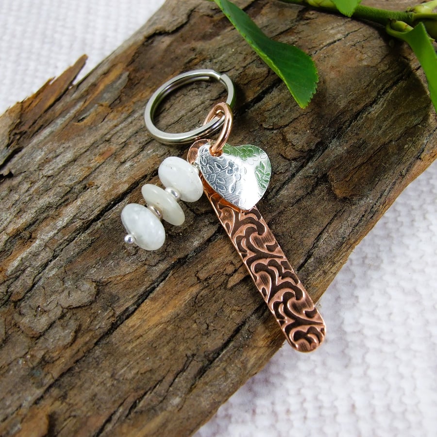 Bag Charm, Copper with Sterling Silver Heart and Moonstone Gemstones