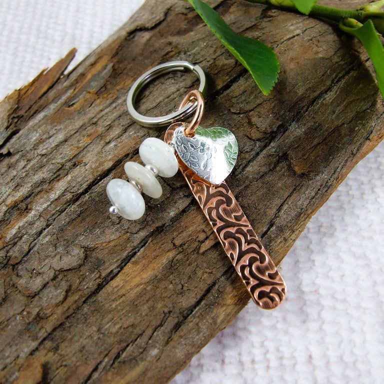 Bag Charm, Copper with Sterling Silver Heart and Moonstone Gemstones