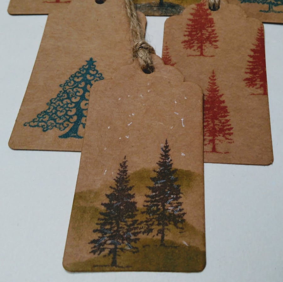 Set of 3 Christmas Trees, Hand Printed, Gift Tags, Trees, Winter Scene, Wrapping