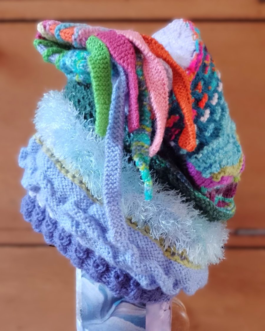 "Carnival" hand knitted trailing hat