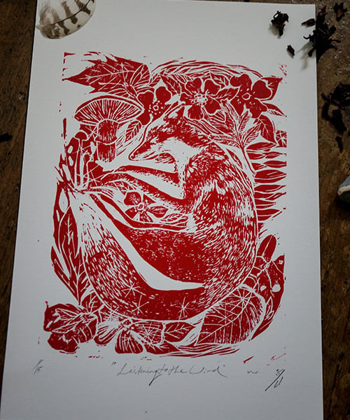 Sleeping Fox Linocut Print, Original Handmade Art Print