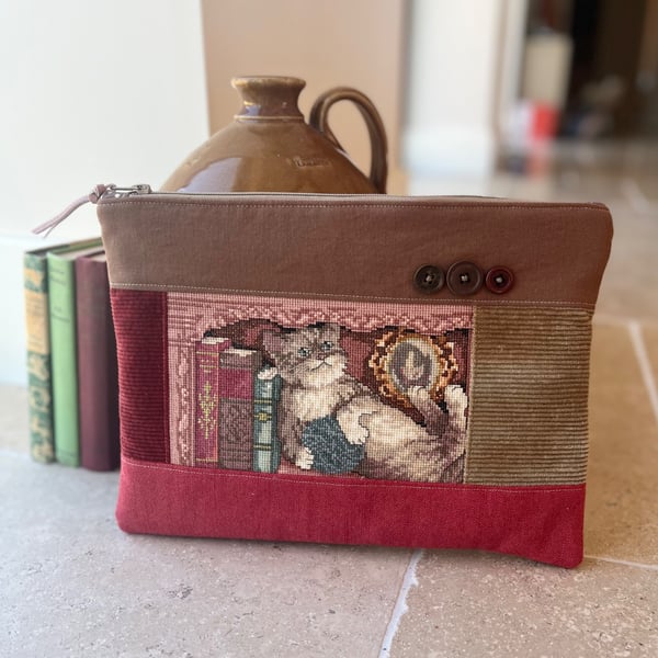 Tabby cat repurposed cross stitch large soft pouch