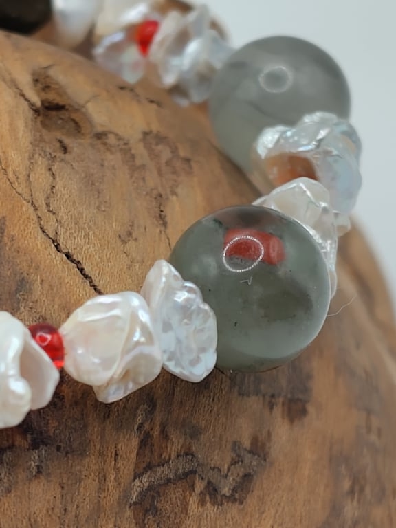 Kepler 1598b. African Bloodstone and Silver Keshi Pearl Stone Bracelet by BDS
