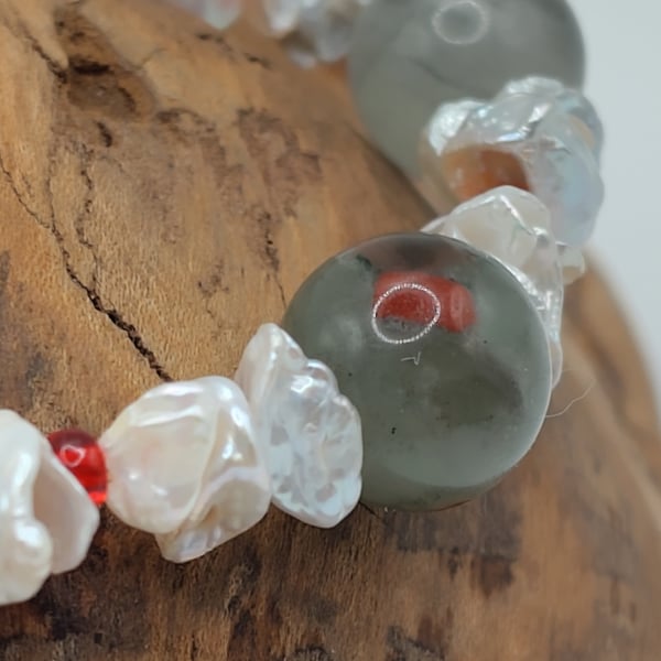 Kepler 1598b. African Bloodstone and Silver Keshi Pearl Stone Bracelet by BDS