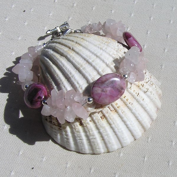 Rose Quartz & Fuchsia Agate Crystal Gemstone Bracelet "Sweet Rose"