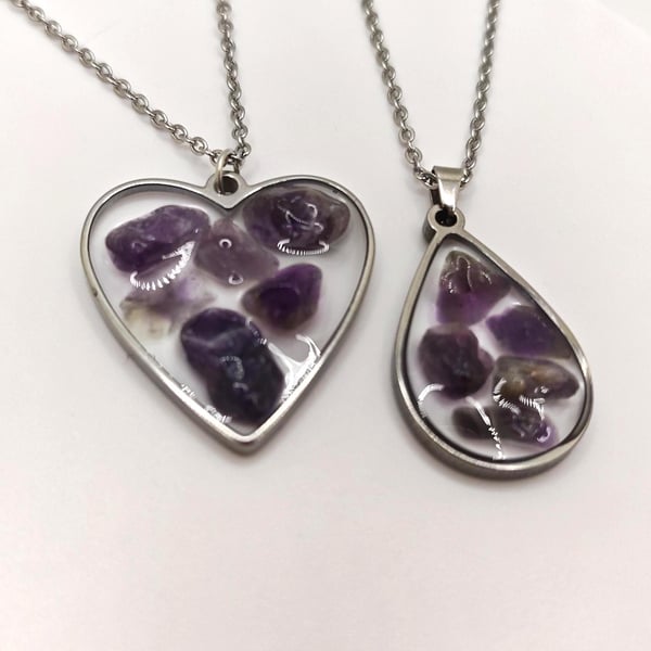 Handmade Amethyst Resin Pendant: Natural Gemstone Chips Necklace