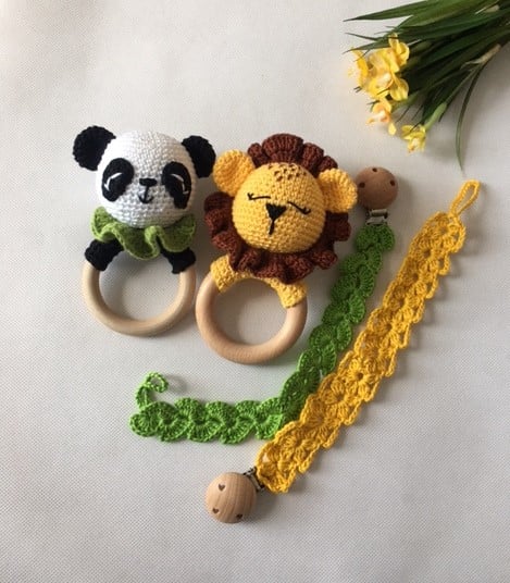ANIMAL CROCHET HANDMADE RATTLE with PACIFIER CLIP