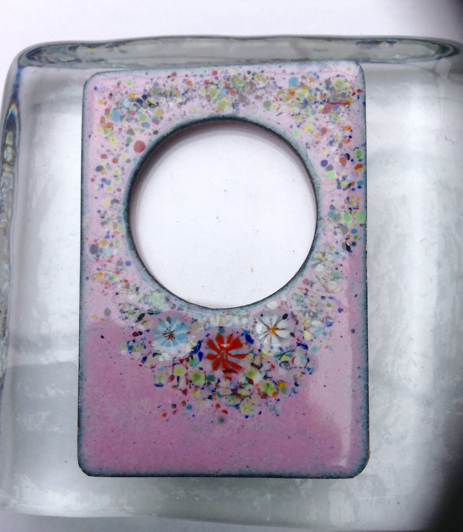 Enamelled photo frame in copper with molten glass flowers - two pinks