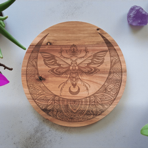 Handmade Acacia Wood Lazy Susan – 35cm Round with Engraved Crescent Moon
