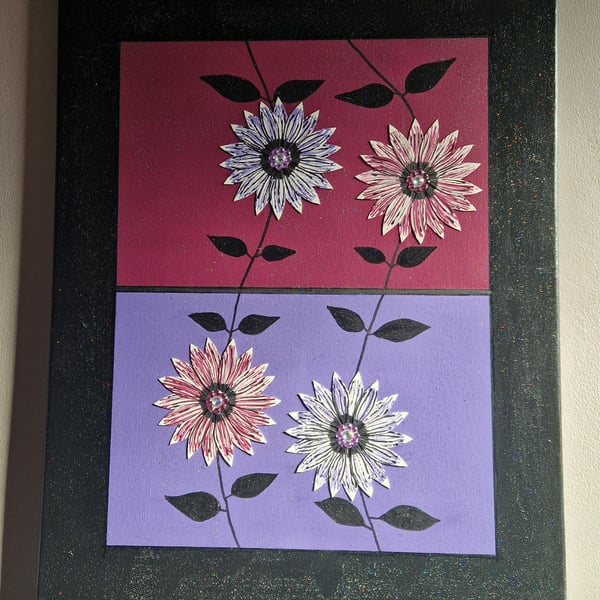 Lilac and purple flowers on canvas. 