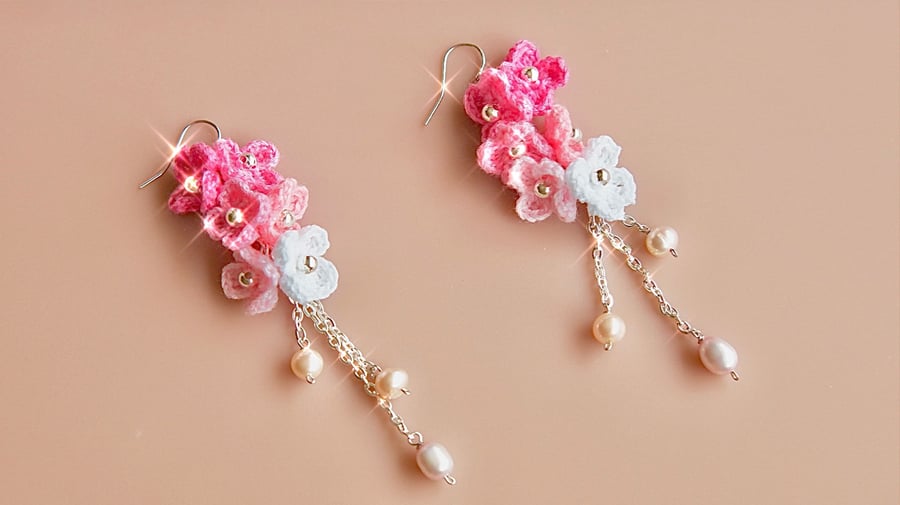Fresh water pearls crochet floral earrings 