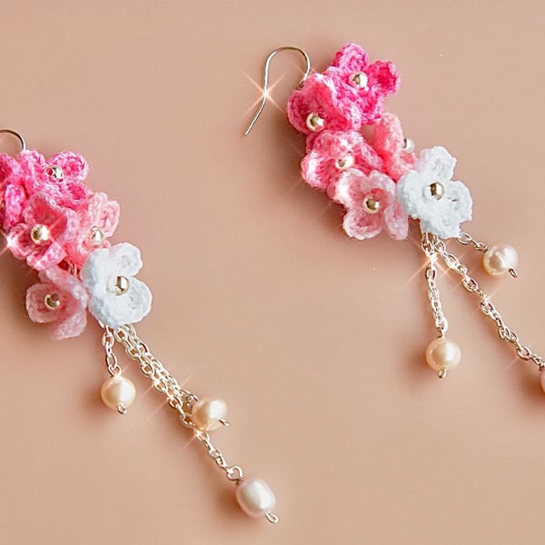 Fresh water pearls crochet floral earrings 