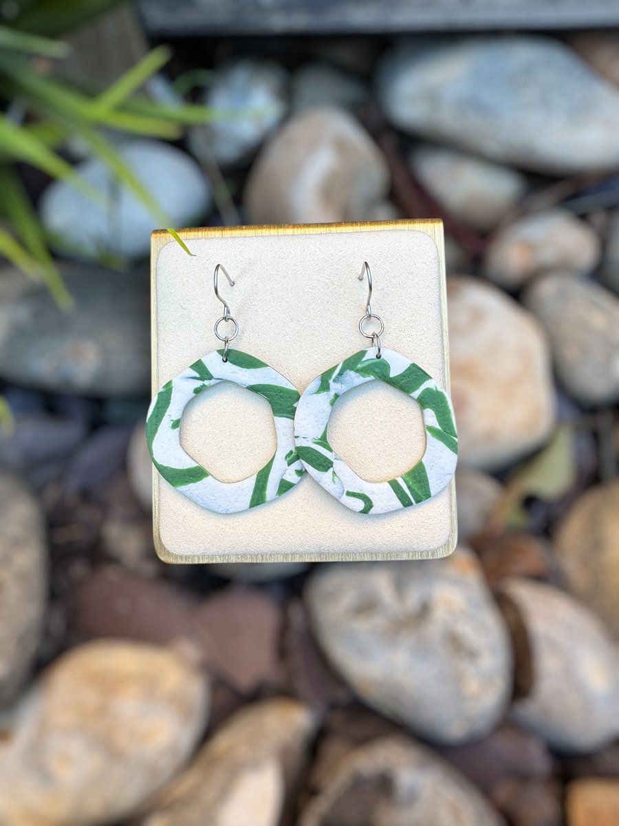 White and Green Organic Hoop Polymer clay Earrings