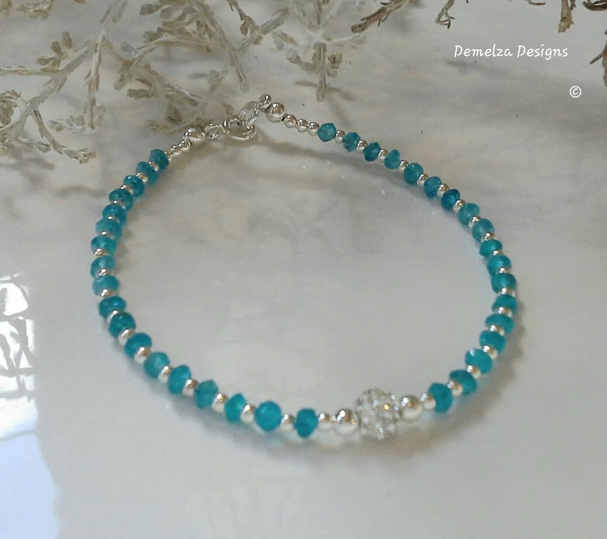 Designer Neon Blue Apatite & Swarovsk Bead Bracelet Sterling Silver