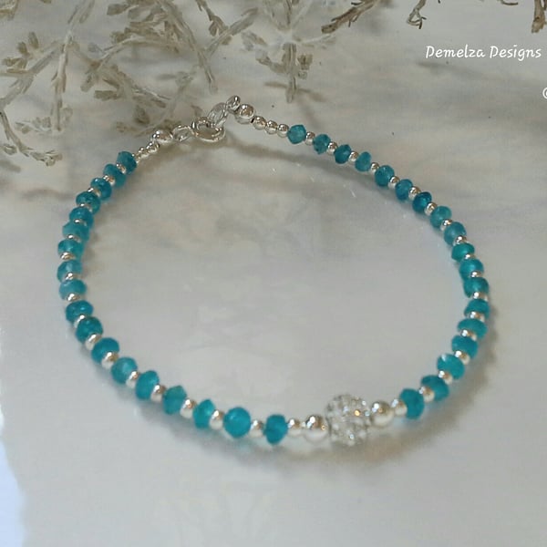 Neon Blue Apatite & Swarovsk Bead Bracelet Sterling Silver