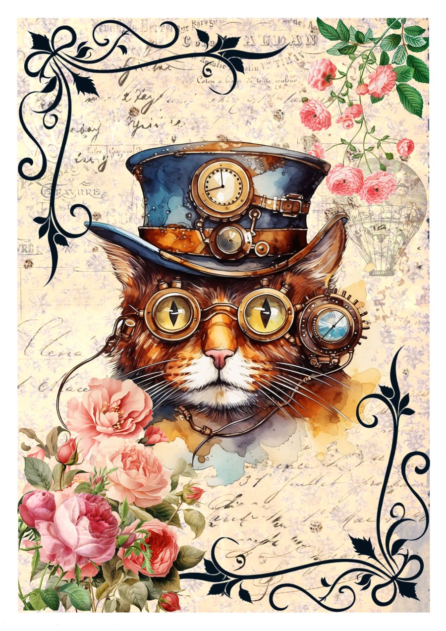 Steampunk Cat Blank Greeting Card. Cute Vintage Victorian Style for Cat Lovers!