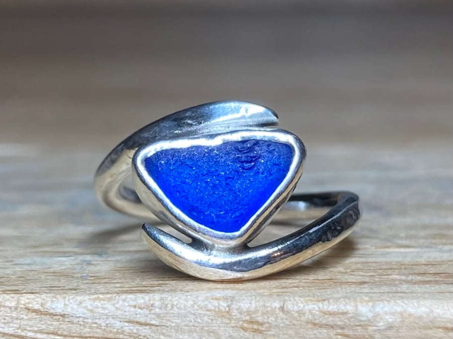 Handmade Sterling & Fine Silver Wrap Ring with Cobalt Blue Welsh Sea-Glass